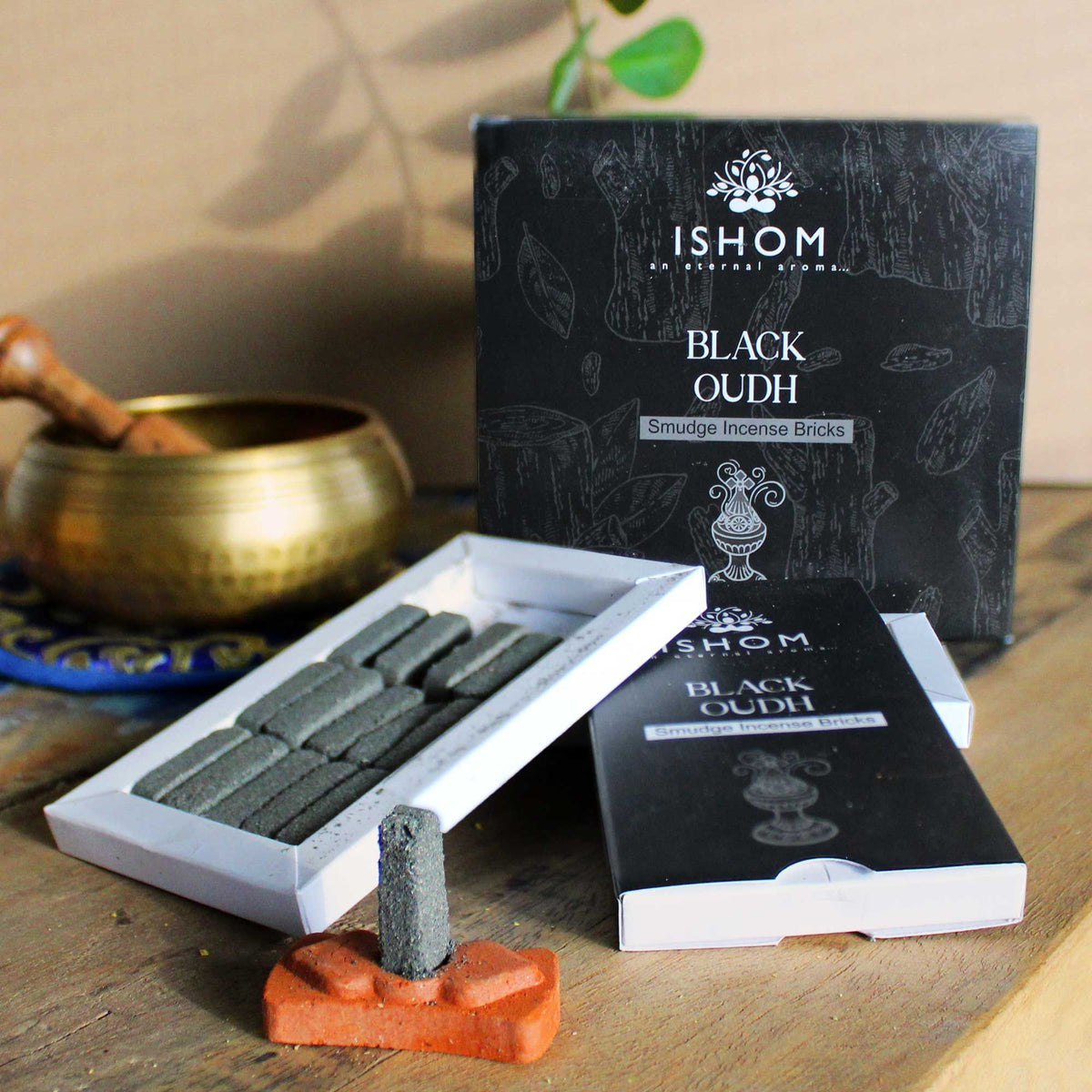Black Wood Incense Bricks with Terracotta Burner