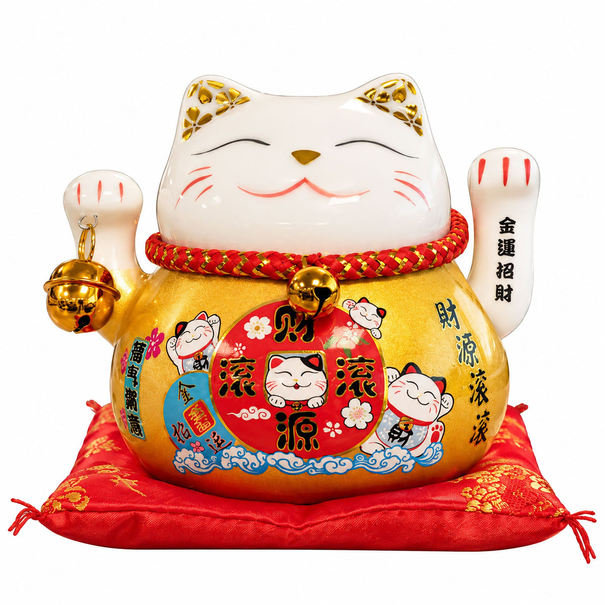Ceramic Money Cat Moving Hand - Gold on Cushion