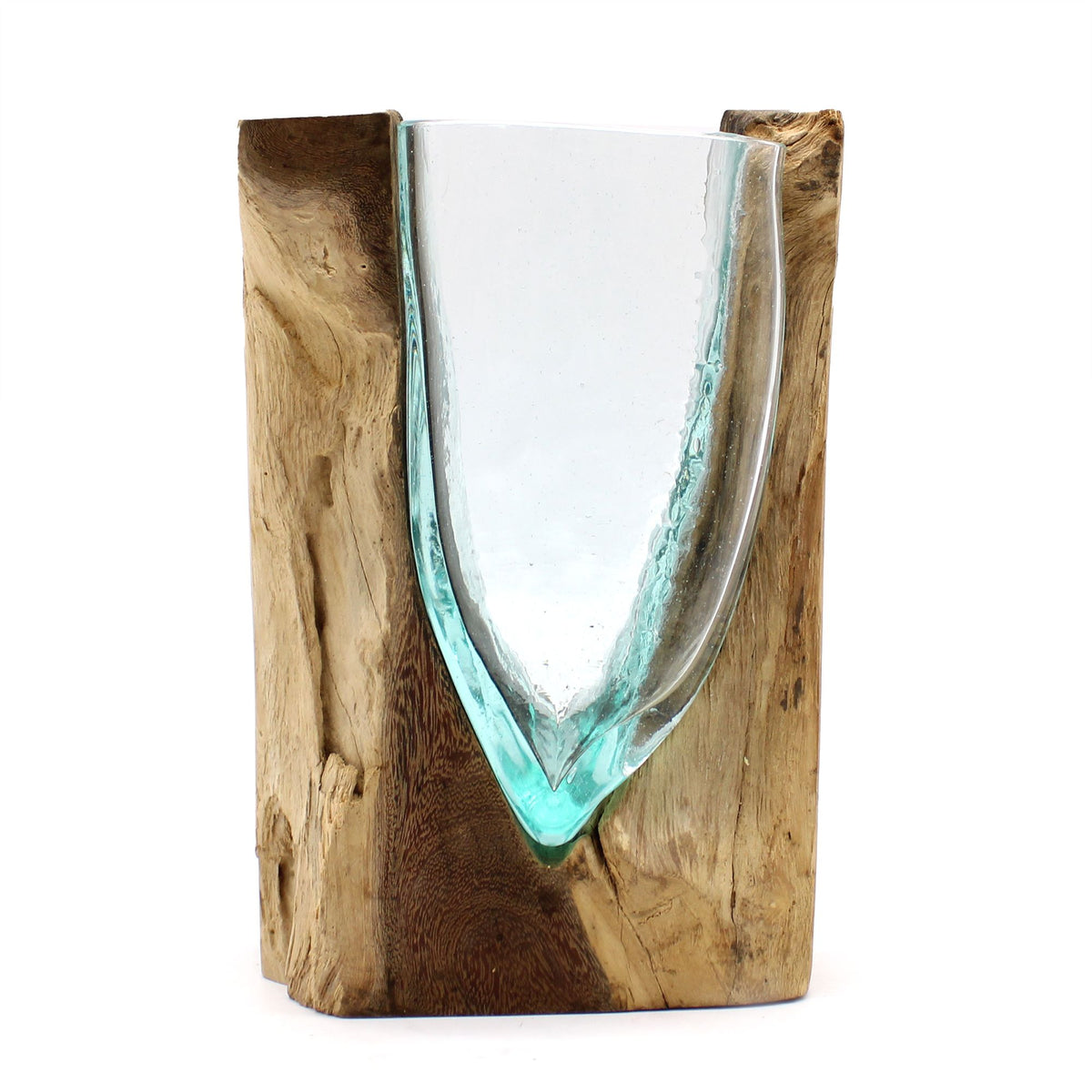V-förmige Kunstglas-Vase auf Holz