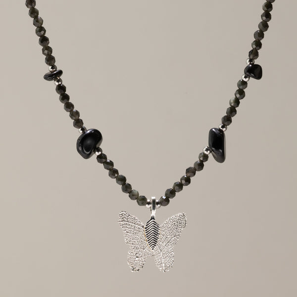 Nymph Black Obsidian Gemstone Necklace with Real Leaf Butterfly Pendant