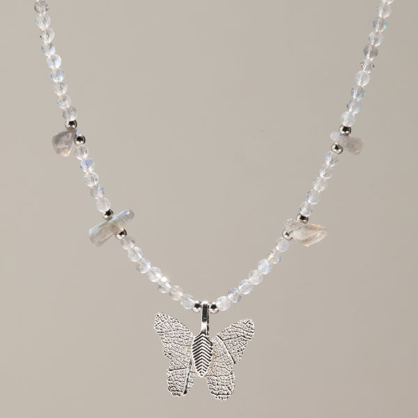 Nymph Labradorite Gemstone Necklace with Real Leaf Butterfly Pendant