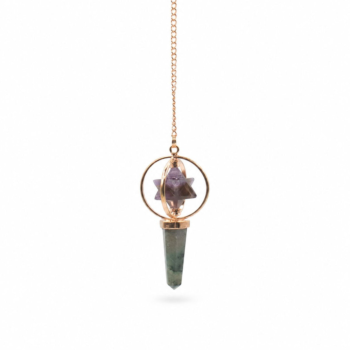 Cosmic Navigator- Two Piece Spinning Merkaba Star in Copper Pendulum - Amethyst & Labradorite