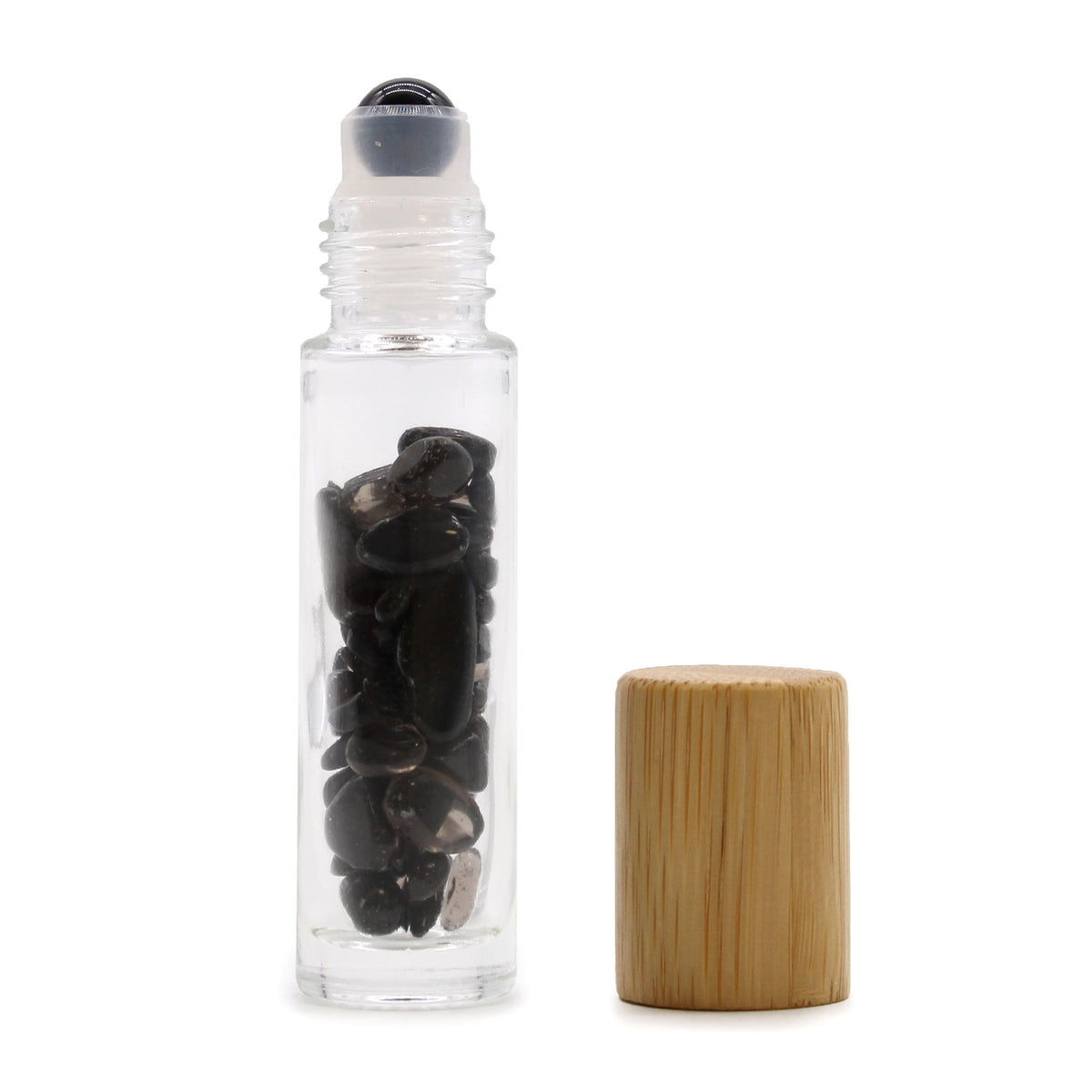 Gemstone Essential Oil Roller Bottle - Black Tourmaline - Wooden Cap + Gemstone Roller Tip for 5ml Bottle - Black Tourmaline