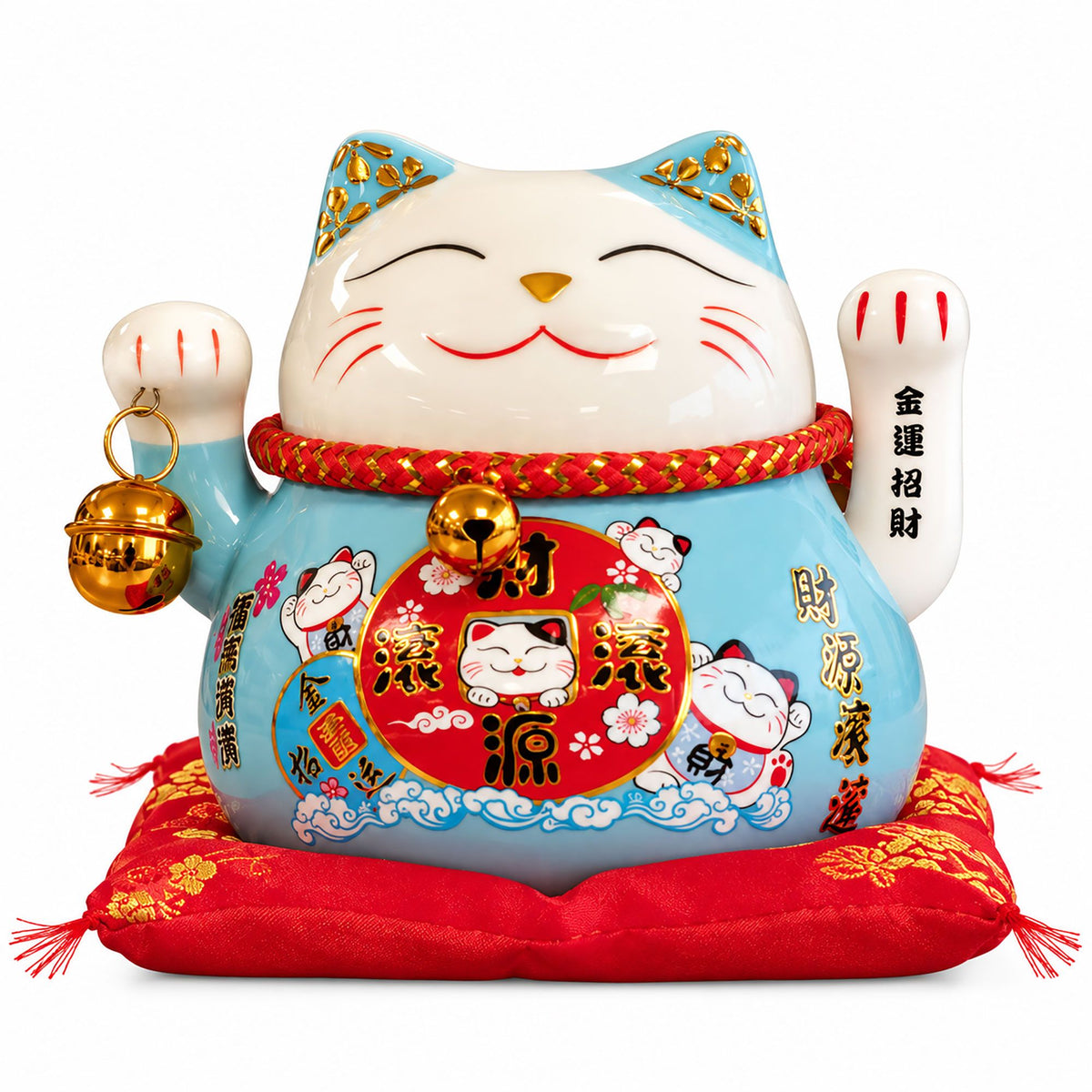Ceramic Money Cat Moving Hand - Blue on Cushion