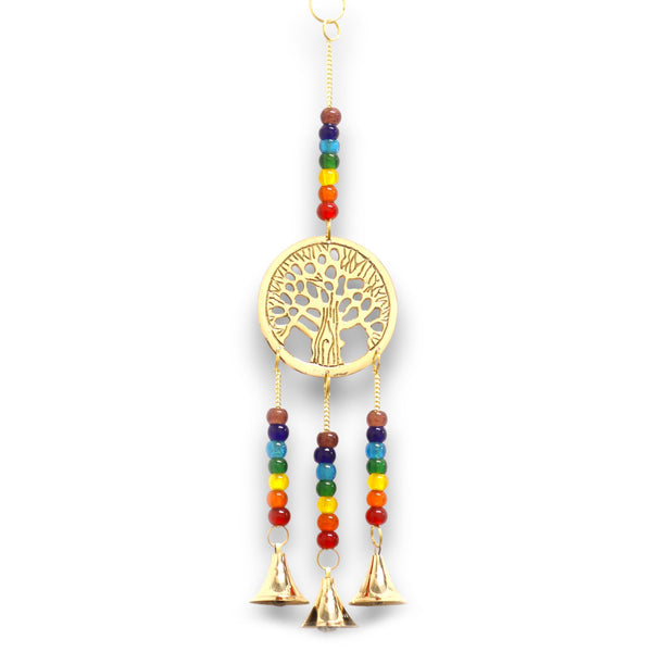 Indian Chimes - Brass Tree of Life with Chakra Beads - 3 Bells - 6.5x31cm