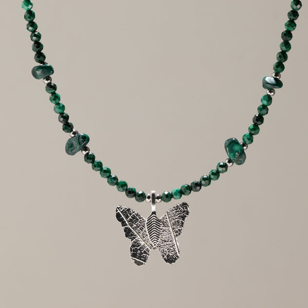 Nymph Malachite Gemstone Necklace with Real Leaf Butterfly Pendant