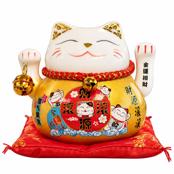 Ceramic Money Cat Moving Hand - Gold on Cushion