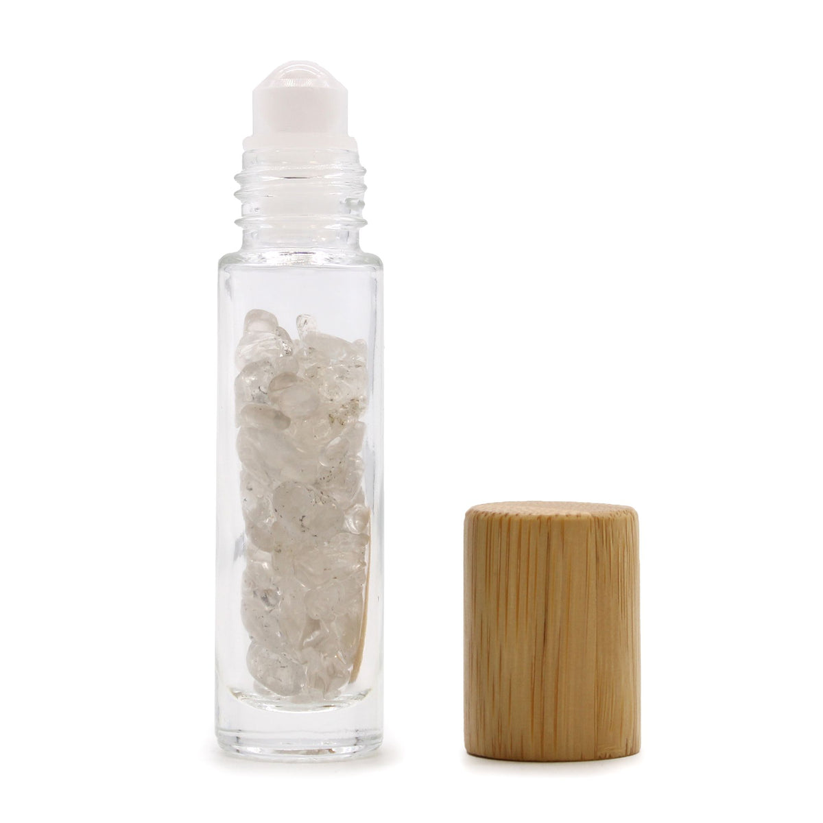 Gemstone Essential Oil Roller Bottle - Rock Quartz - Wooden Cap + Gemstone Roller Tip for 5ml Bottle - Rock Quartz