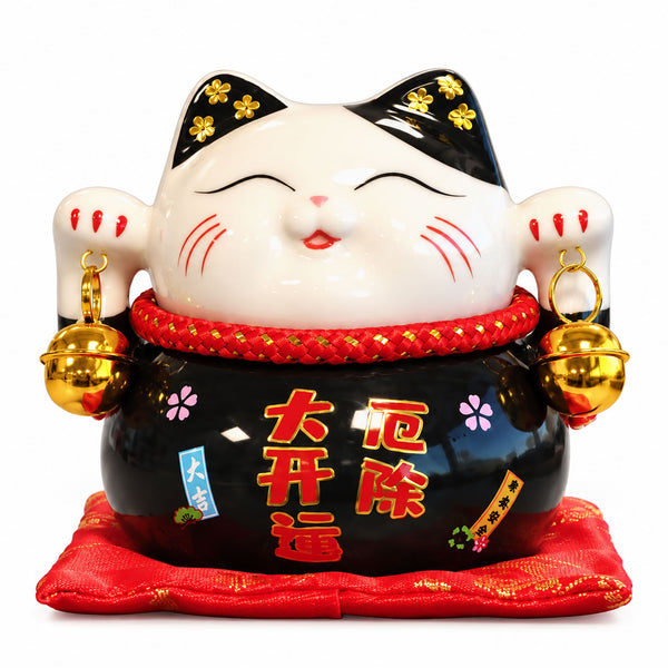 Ceramic Money Cat Bank - Black on Cushion