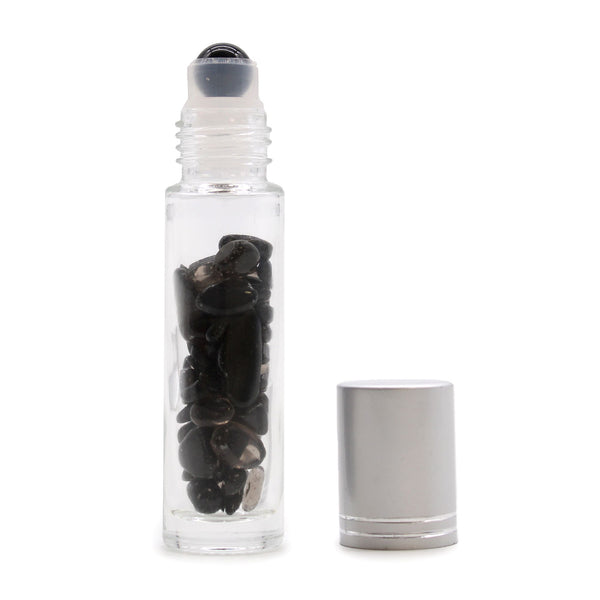 Gemstone Essential Oil Roller Bottle - Black Tourmaline - Silver Cap + Gemstone Roller Tip for 5ml Bottle - Black Tourmaline