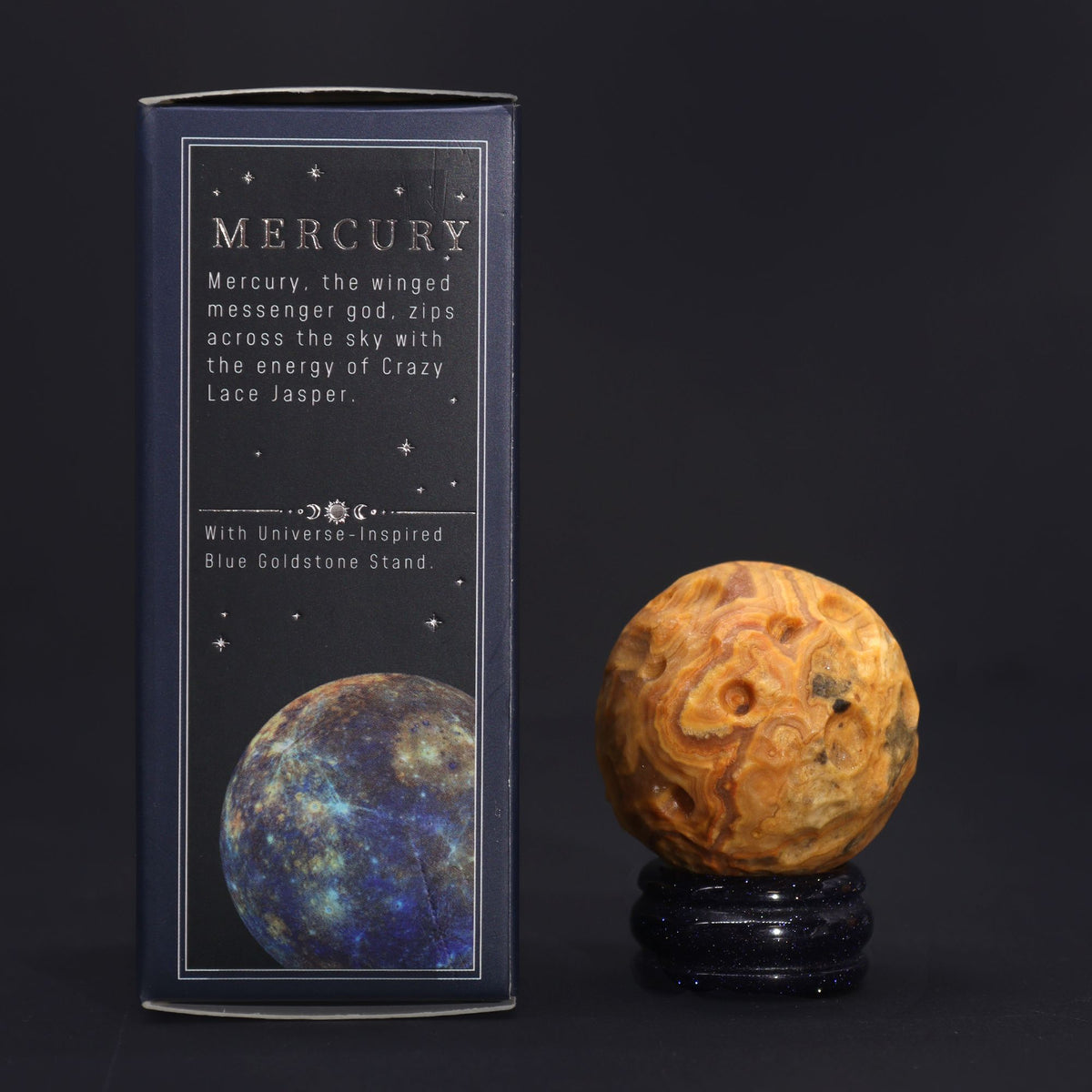 Crazy Lace Jasper Planet on Goldstone Stand · 40 mm