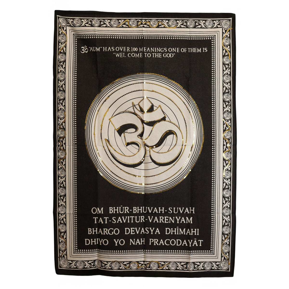 Cotton Wall Hanging · Om in Black, White and Gold, 70 × 110 cm