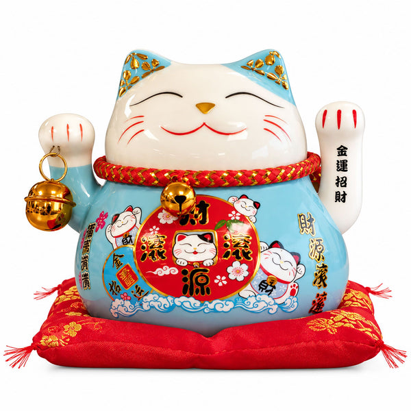 Ceramic Money Cat Moving Hand - Blue on Cushion