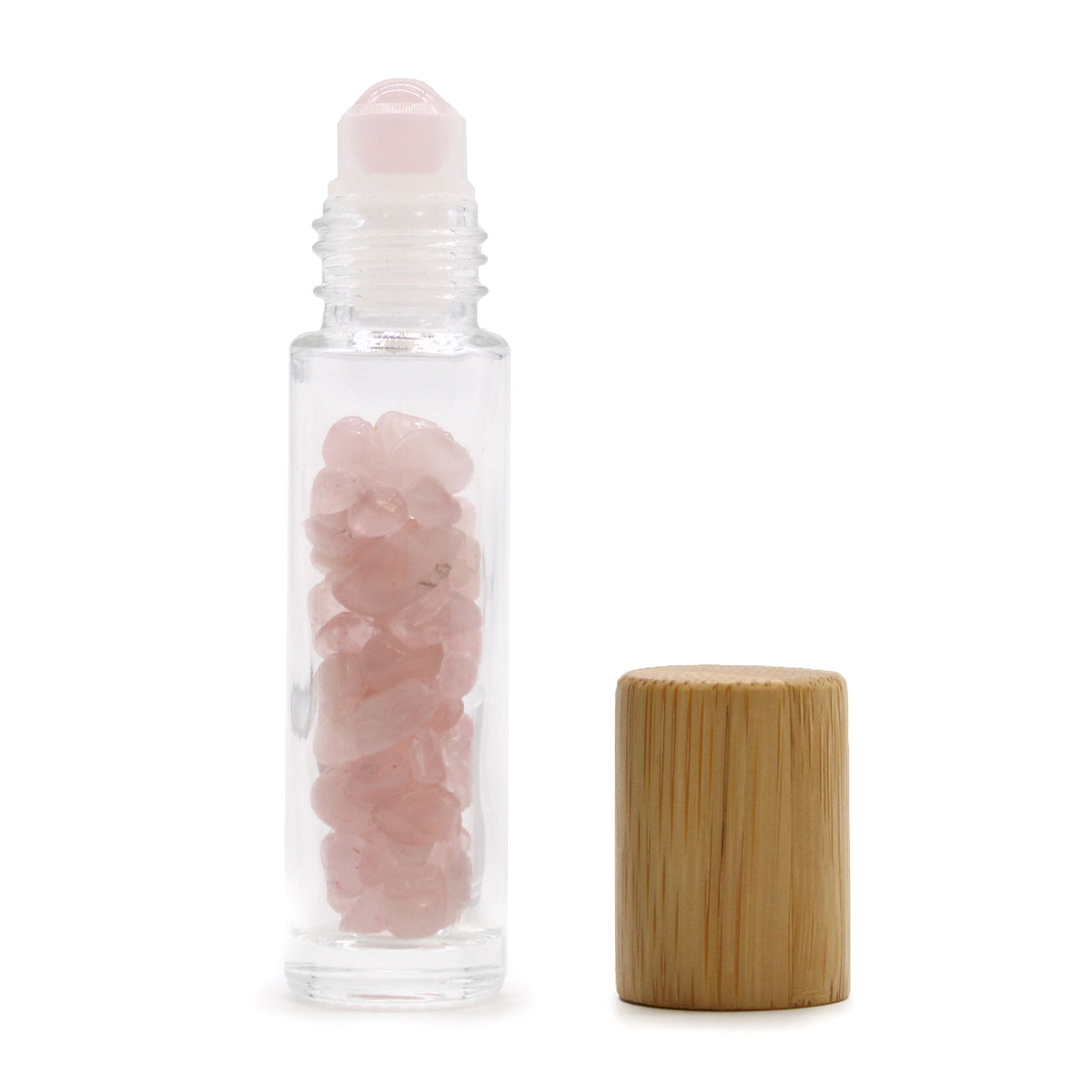 Gemstone Essential Oil Roller Bottle - Rose Quartz - Wooden Cap + Gemstone Roller Tip for 5ml Bottle - Rose Quartz