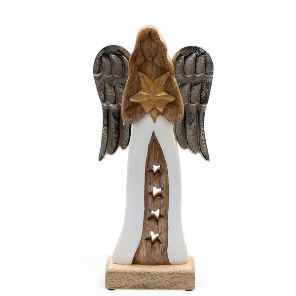 Large Mango Wood Star Angel Metal Wings & Enamel Detail