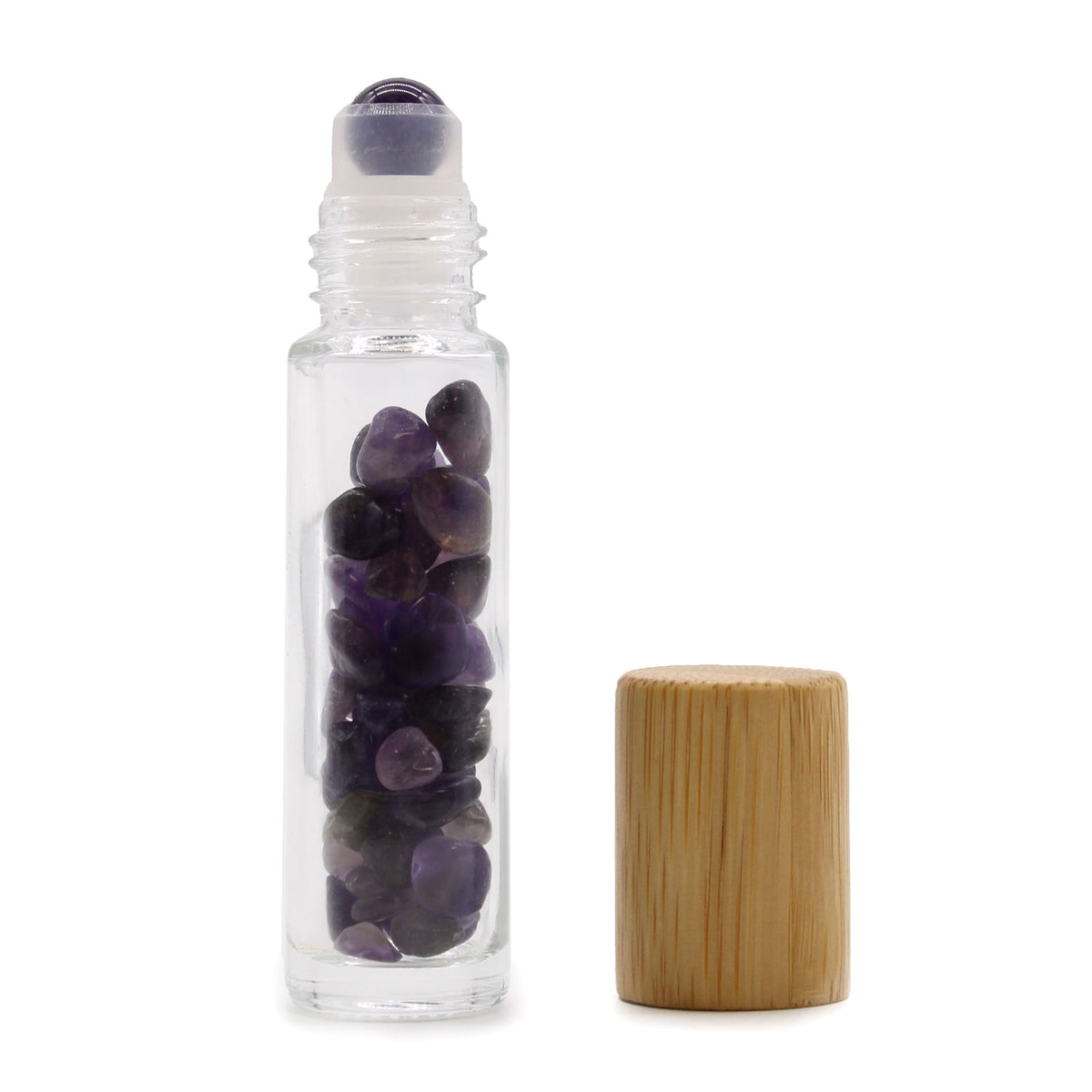 Gemstone Essential Oil Roller Bottle - Amethyst - Wooden Cap + Gemstone Roller Tip for 5ml Bottle - Amethyst