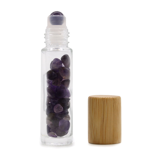 Gemstone Essential Oil Roller Bottle - Amethyst - Wooden Cap + Gemstone Roller Tip for 5ml Bottle - Amethyst