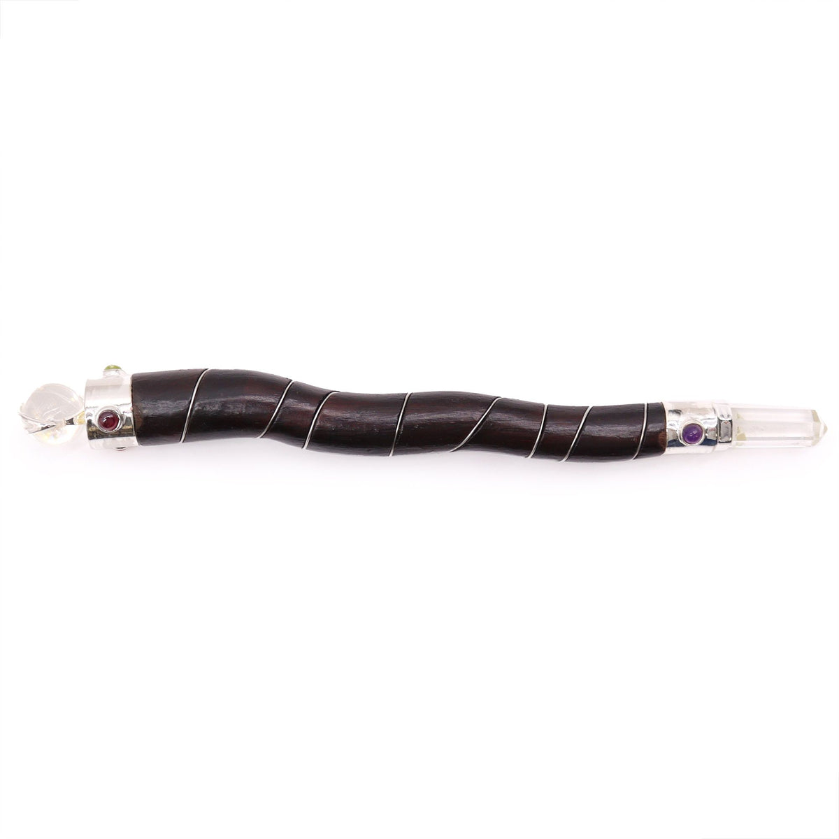 Curved Wood and Rock Quartz Wand