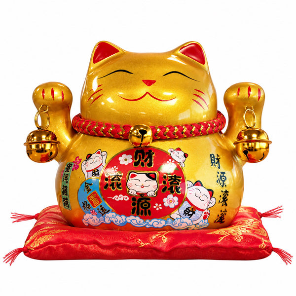 Ceramic Money Cat Bank - Gold on Cushion